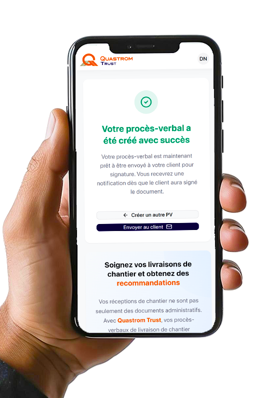 Application Quastrom Trust confirmation PV de livraison chantier sur smartphone