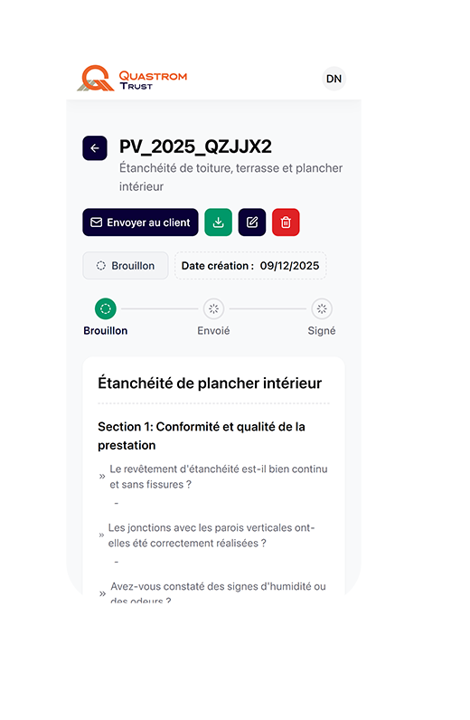 Interface Quastrom Trust fiche PV chantier étanchéité toiture avec statut brouillon envoyé signé