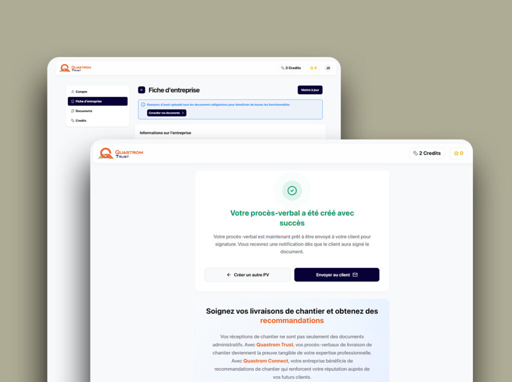 Interface Quastrom Trust desktop fiche entreprise et confirmation PV livraison chantier